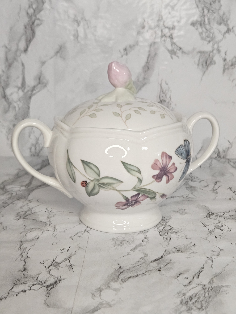 Lenox White Butterfly Meadow Sugar Bowl with Floral Accents